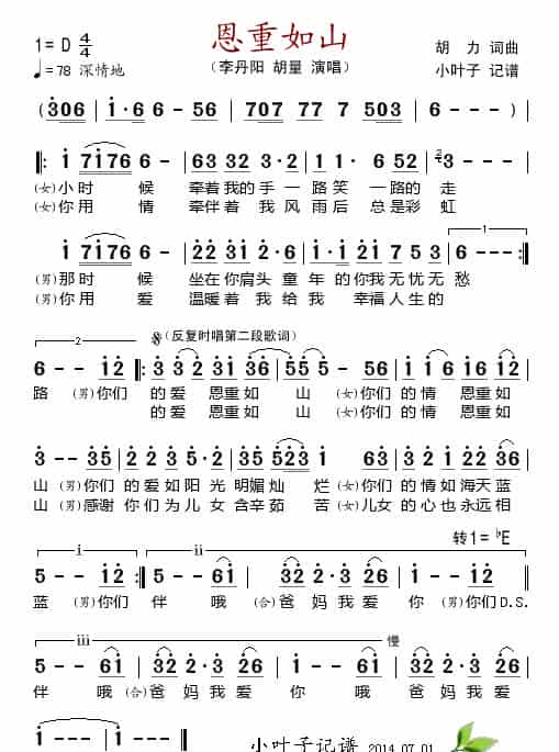 恩重如山（胡力 词曲） 歌谱简谱_第1张