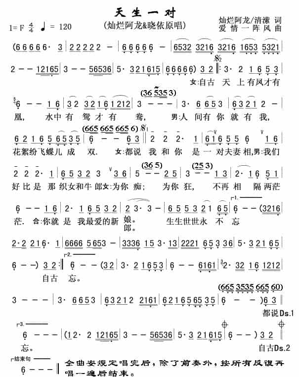 天生一对(灿烂阿龙&晓依) 歌谱_第1张