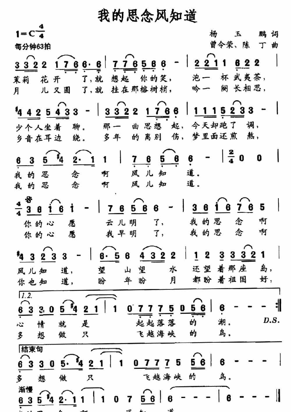 我的思念风知道（杨玉鹏词 曾令荣 陈丁曲） 通俗唱法曲谱_第1张