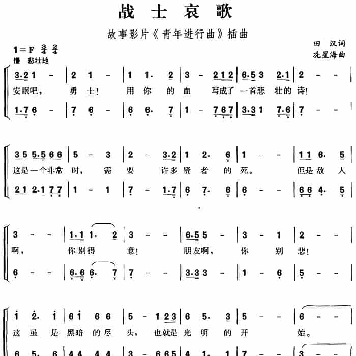战士哀歌（故事影片《青年进行曲》插曲） 合唱歌曲谱_第1张