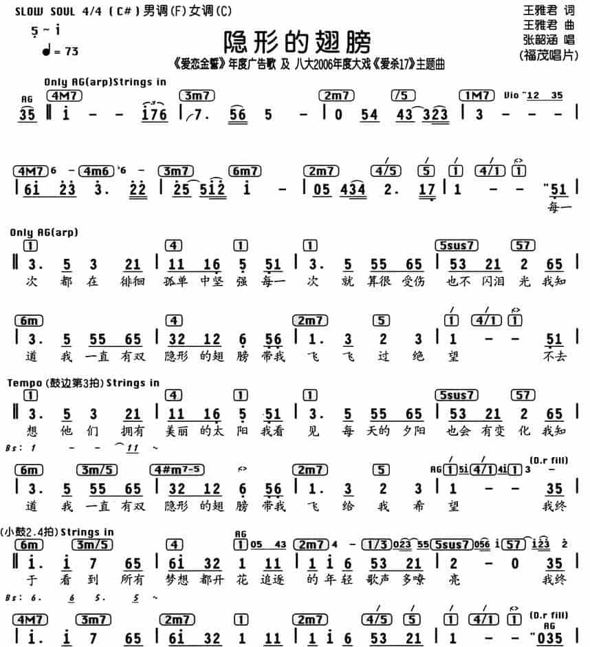 隐形的翅膀（编配乐谱） 通俗唱法曲谱_第1张