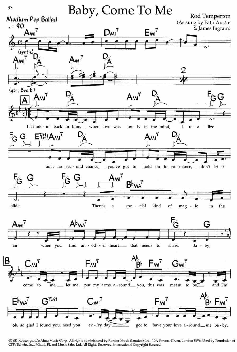 Baby,Come To Me（带和弦五线谱） 外国歌曲谱_第1张
