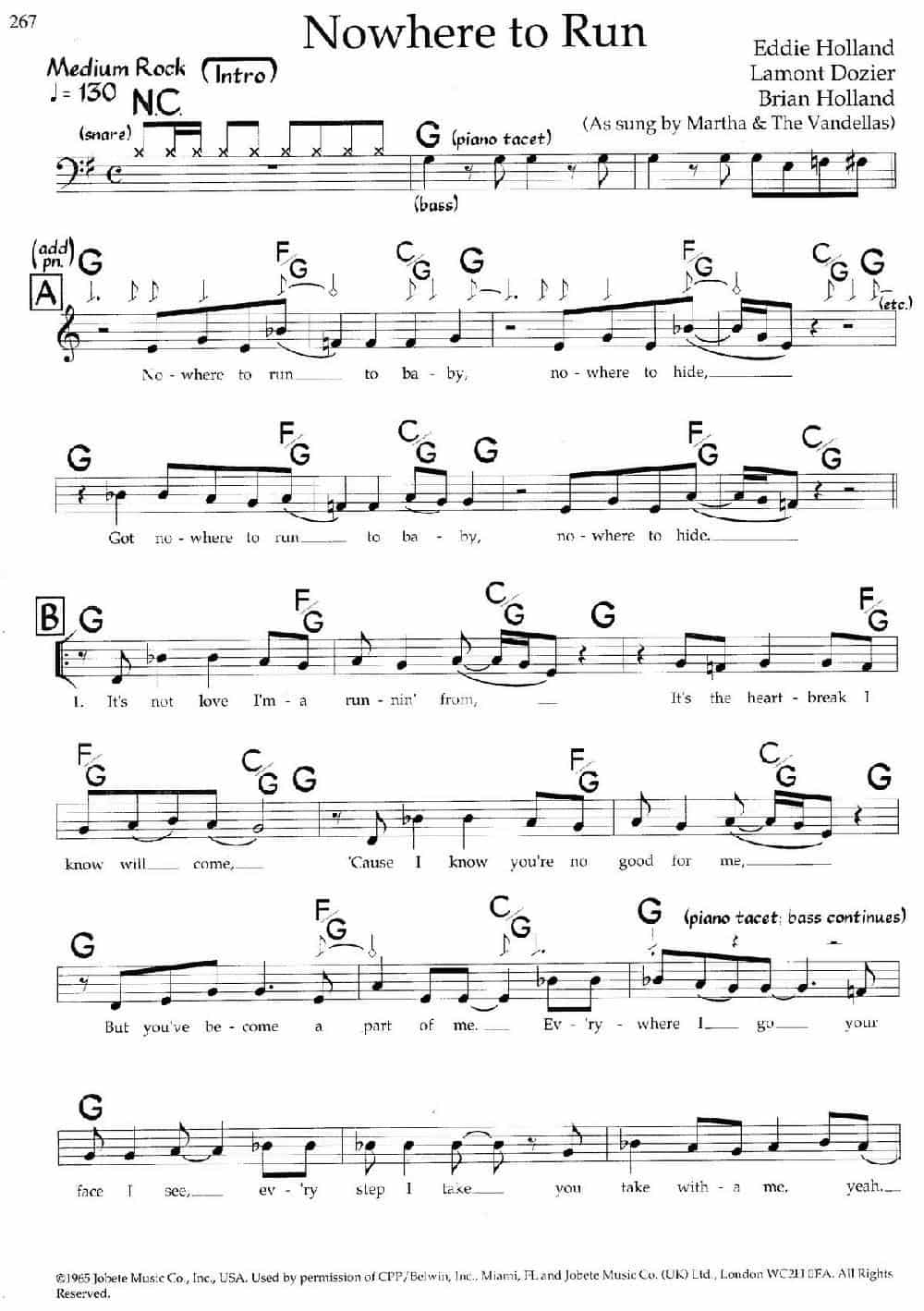 Nowhere to Run（带和弦五线谱） 外国歌曲谱_第1张