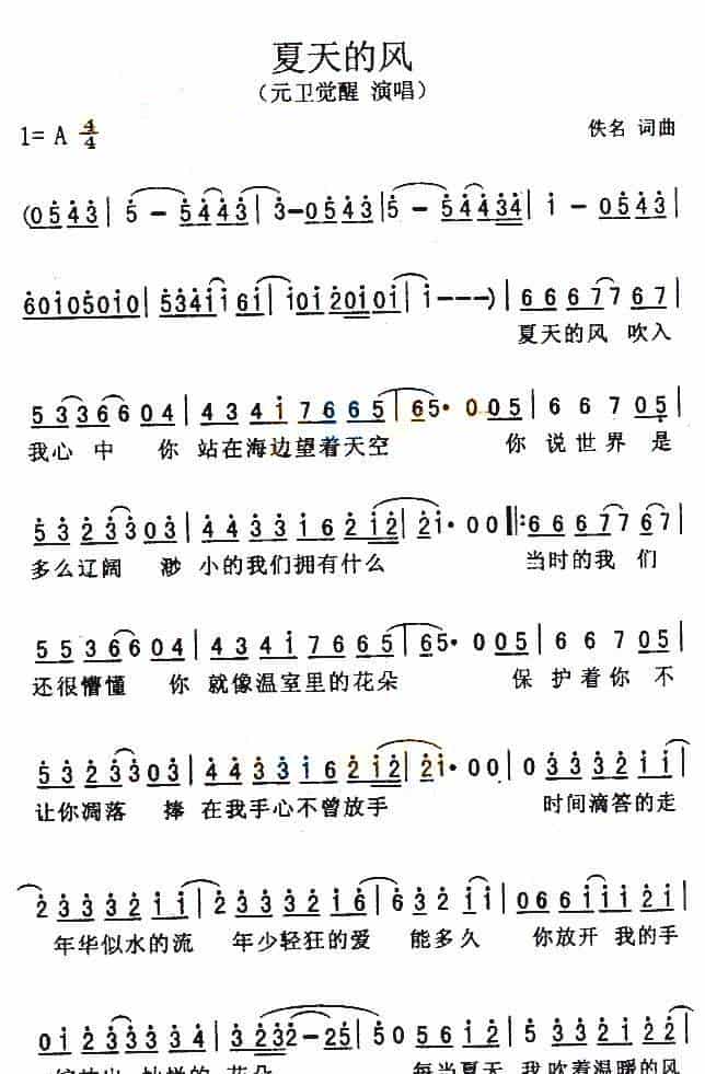 夏天的风 通俗唱法曲谱_第1张