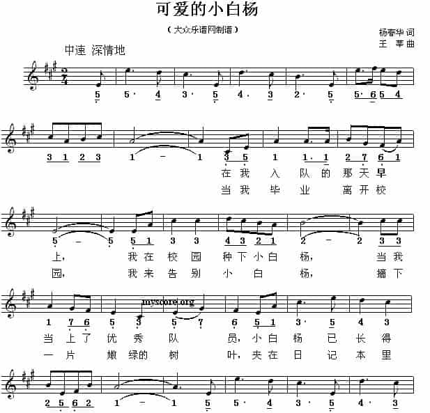 可爱的小白杨（线简谱混排版） 少儿歌曲谱_第1张