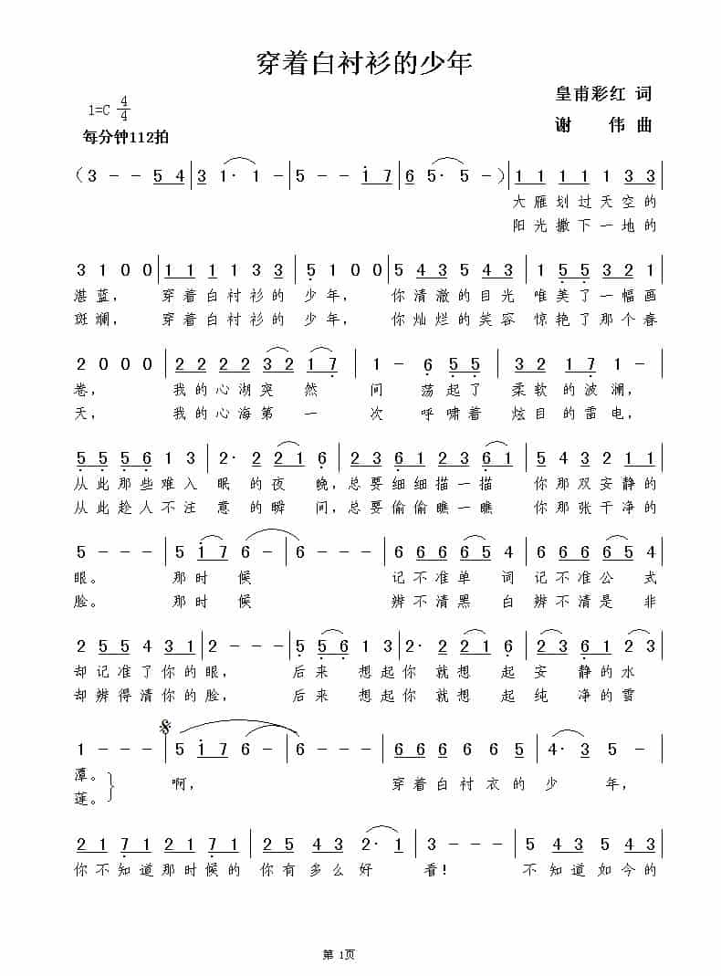 穿着白衬衫的少年（皇甫彩红词  谢伟曲） 歌谱_第1张