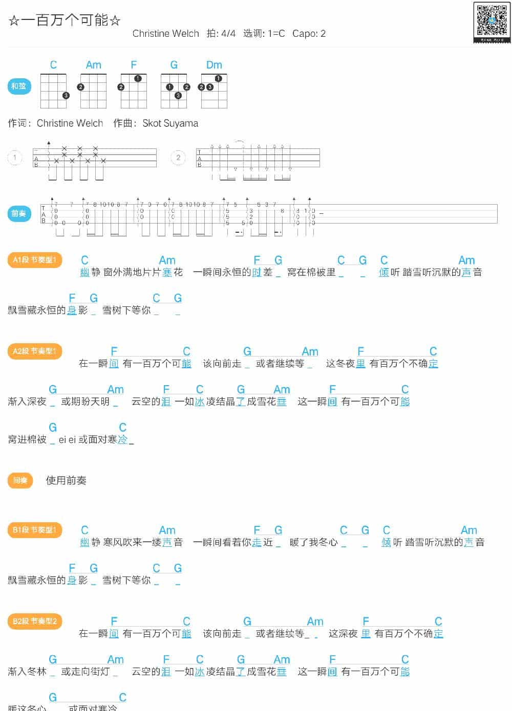 一百万个可能（尤克里里谱） 歌谱简谱_第1张