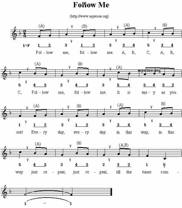 Follow me（线简谱混排版、英文儿歌） 外国歌曲谱_第1张